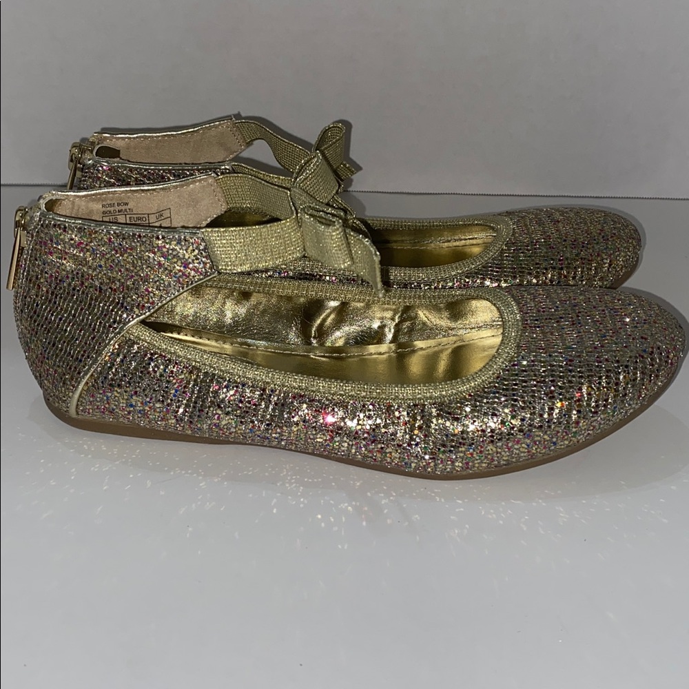 Kenneth Cole multi colored sequin gold flats with bows size 5